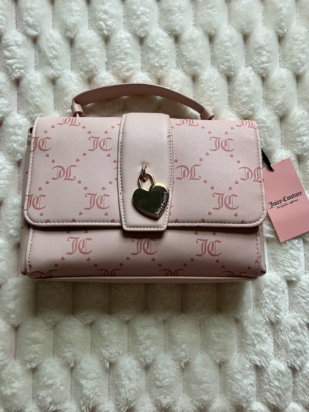 NWT Juicy Couture Blush Pink Heart Monogram Satchel with Gold Heart Lock